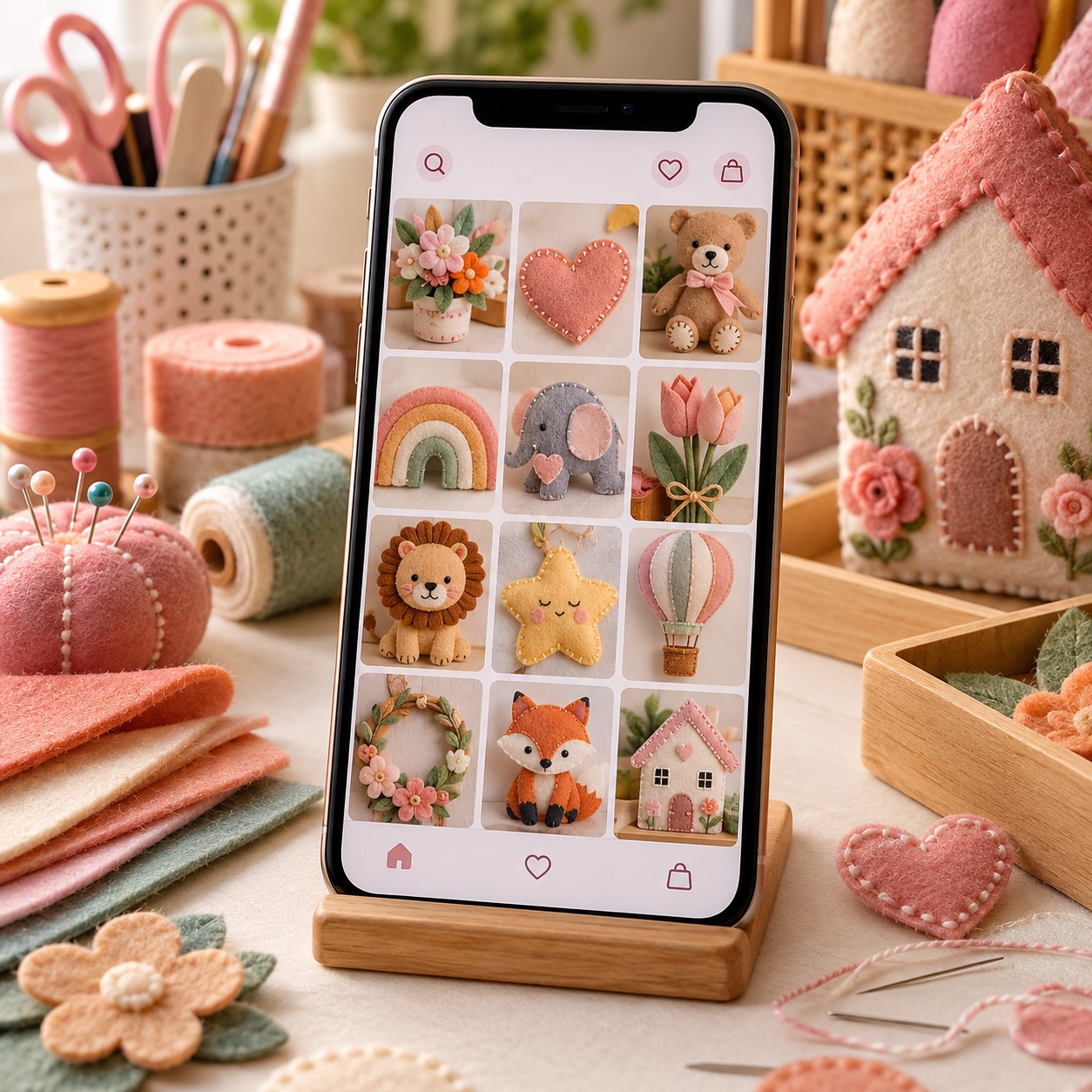 celular com status do WhatsApp mostrando um catálogo de peças de feltro com preço