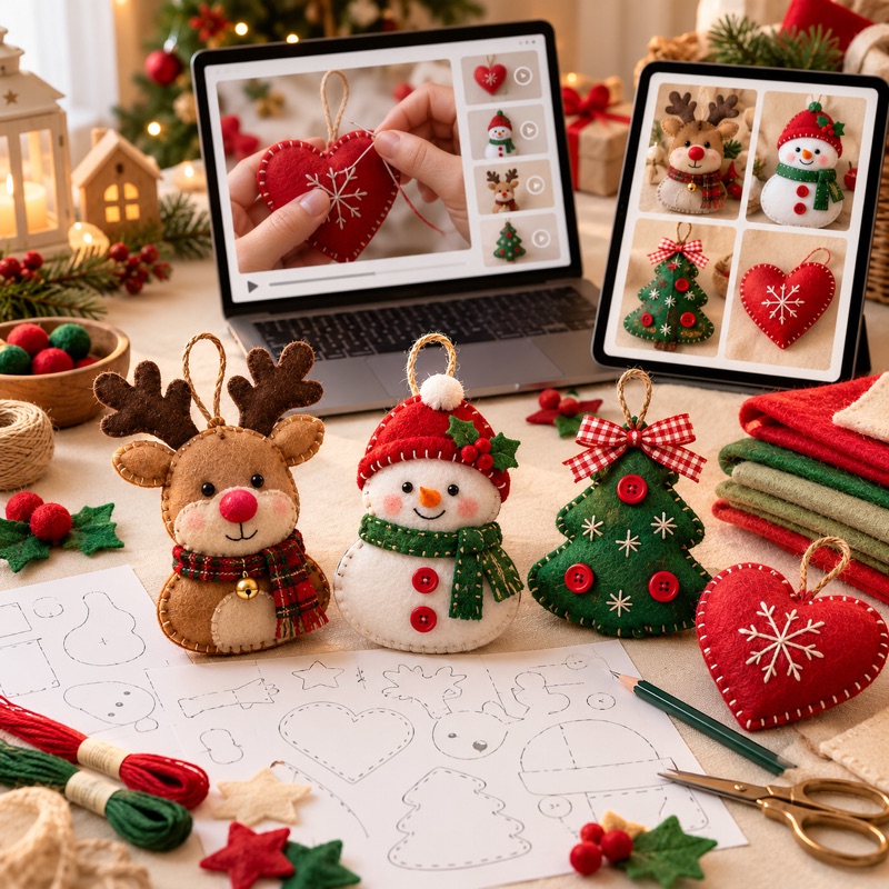 Mesa com enfeites de Natal em feltro prontos, vermelho e verde, ao lado do molde impresso