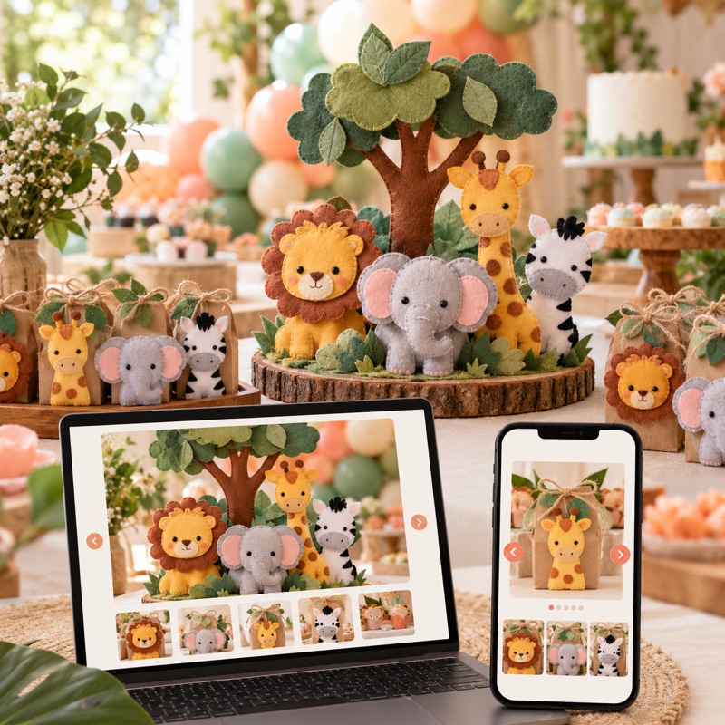 Mesa de festa infantil com centro de mesa e lembrancinhas de safari em feltro