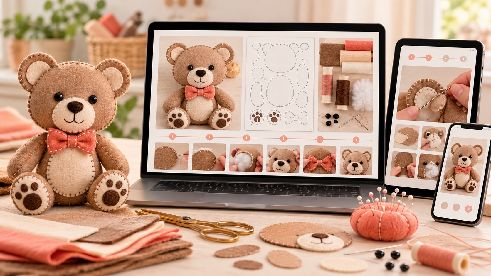 Mockup de projeto de ursinho com materiais e passo a passo